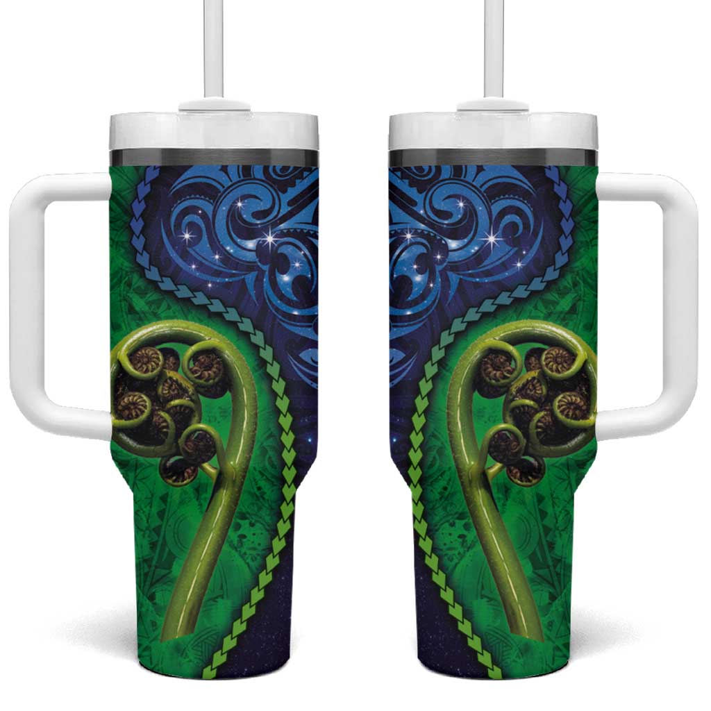 New Zealand Matariki Fern Frond Koru Tumbler With Handle with Galaxy Blue Sky and Green Paua Shell Art LT03 One Size: 40 oz Blue - Polynesian Pride