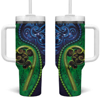 New Zealand Matariki Fern Frond Koru Tumbler With Handle with Galaxy Blue Sky and Green Paua Shell Art LT03 One Size: 40 oz Blue - Polynesian Pride