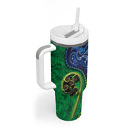 New Zealand Matariki Fern Frond Koru Tumbler With Handle with Galaxy Blue Sky and Green Paua Shell Art LT03 - Polynesian Pride