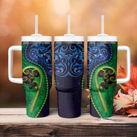 New Zealand Matariki Fern Frond Koru Tumbler With Handle with Galaxy Blue Sky and Green Paua Shell Art LT03 - Polynesian Pride