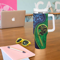 New Zealand Matariki Fern Frond Koru Tumbler With Handle with Galaxy Blue Sky and Green Paua Shell Art LT03 - Polynesian Pride