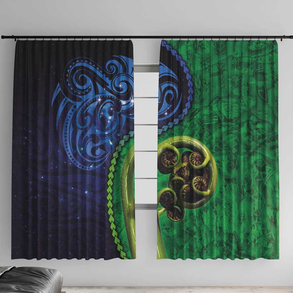 New Zealand Matariki Fern Frond Koru Window Curtain with Galaxy Blue Sky and Green Paua Shell Art LT03 With Hooks Blue - Polynesian Pride
