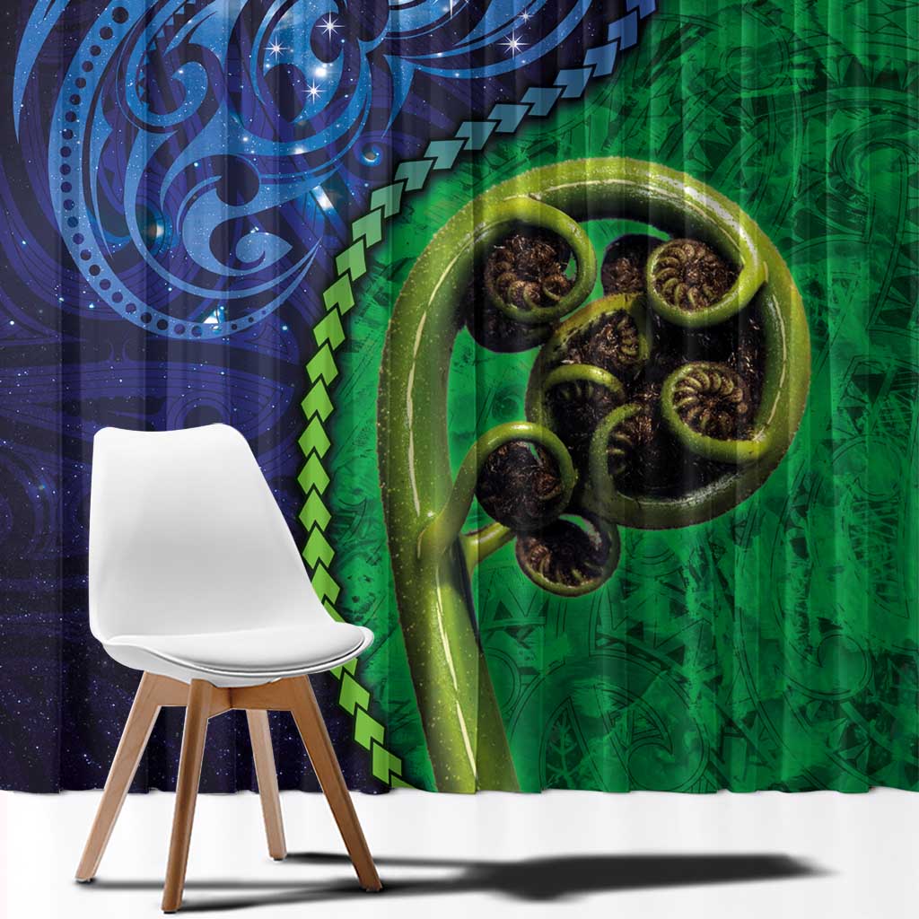 New Zealand Matariki Fern Frond Koru Window Curtain with Galaxy Blue Sky and Green Paua Shell Art LT03 - Polynesian Pride