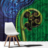 New Zealand Matariki Fern Frond Koru Window Curtain with Galaxy Blue Sky and Green Paua Shell Art LT03 - Polynesian Pride