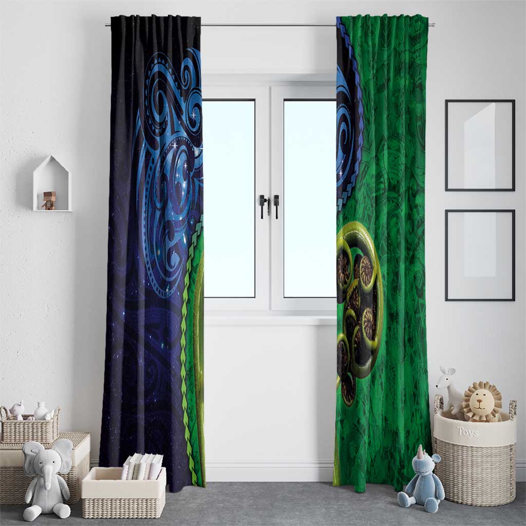 New Zealand Matariki Fern Frond Koru Window Curtain with Galaxy Blue Sky and Green Paua Shell Art LT03 - Polynesian Pride