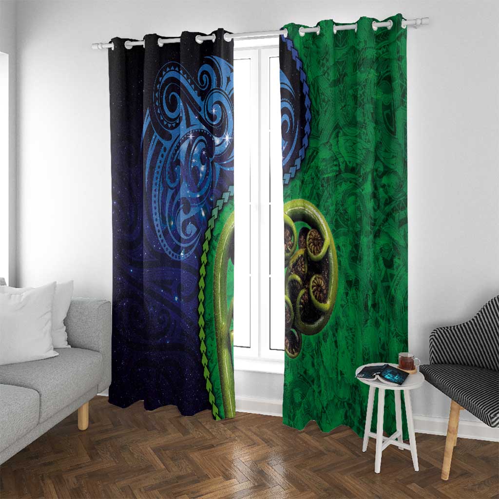 New Zealand Matariki Fern Frond Koru Window Curtain with Galaxy Blue Sky and Green Paua Shell Art LT03 With Grommets Blue - Polynesian Pride