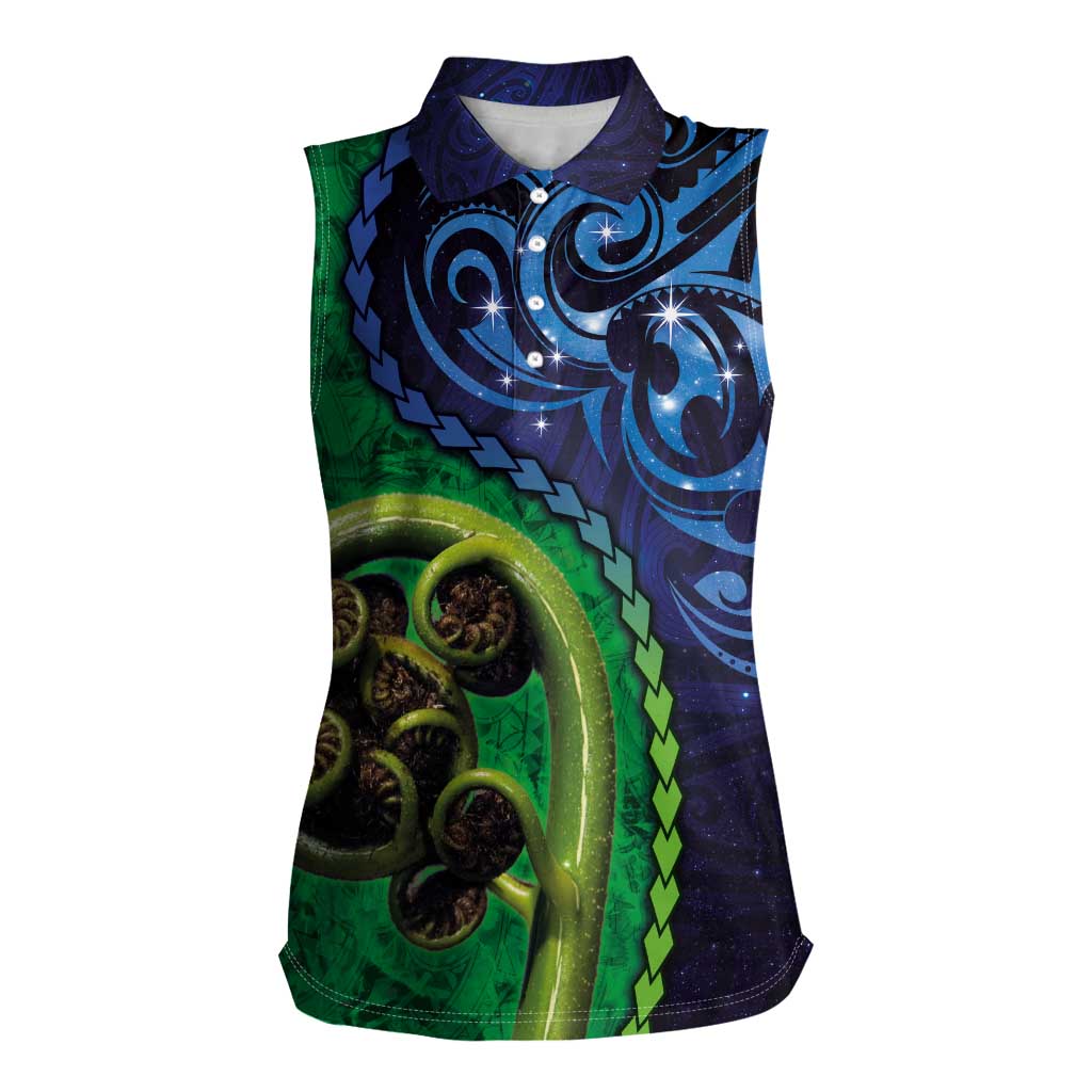 New Zealand Matariki Fern Frond Koru Women Sleeveless Polo Shirt with Galaxy Blue Sky and Green Paua Shell Art LT03 Female Blue - Polynesian Pride