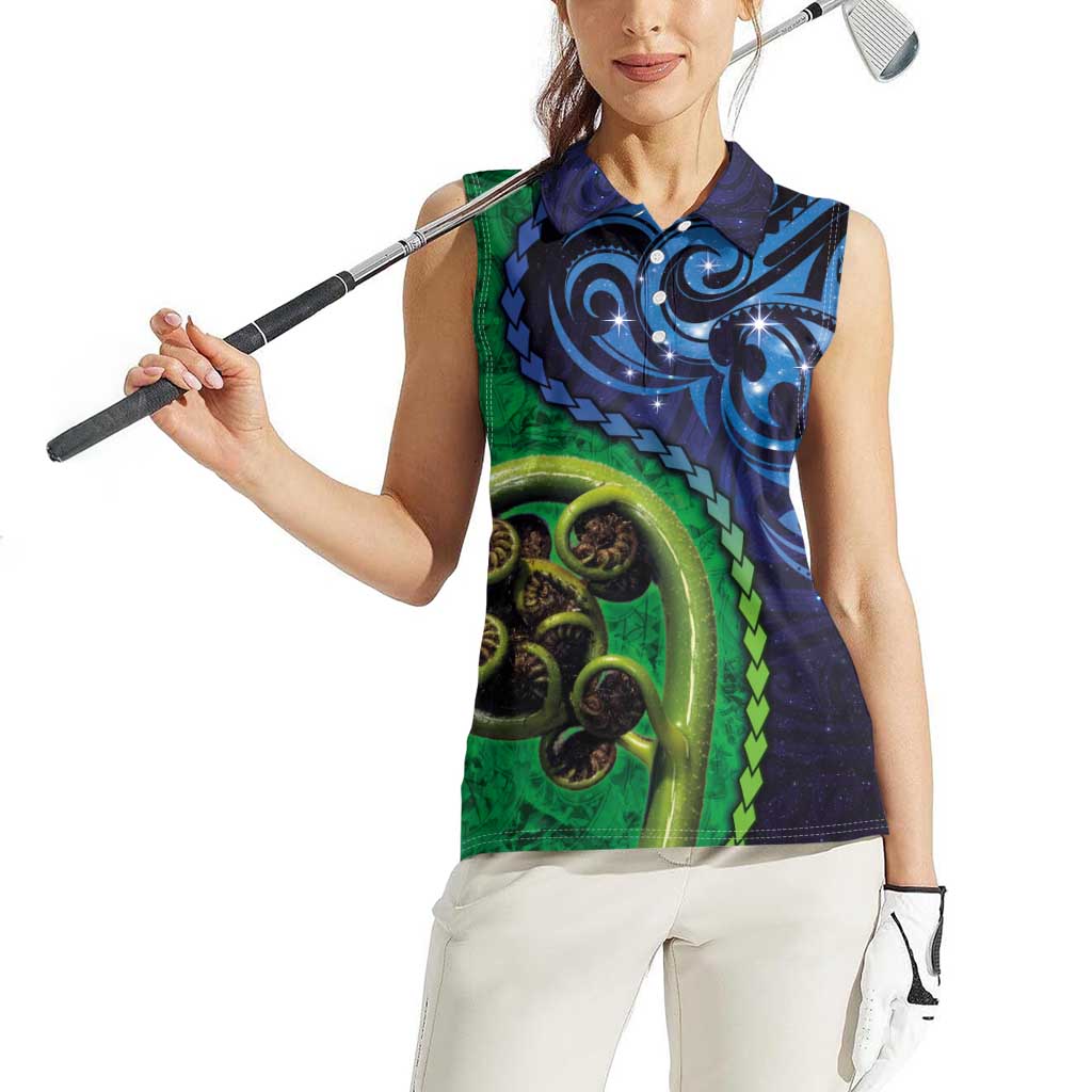 New Zealand Matariki Fern Frond Koru Women Sleeveless Polo Shirt with Galaxy Blue Sky and Green Paua Shell Art LT03 - Polynesian Pride