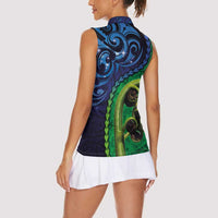 New Zealand Matariki Fern Frond Koru Women Sleeveless Polo Shirt with Galaxy Blue Sky and Green Paua Shell Art LT03 - Polynesian Pride