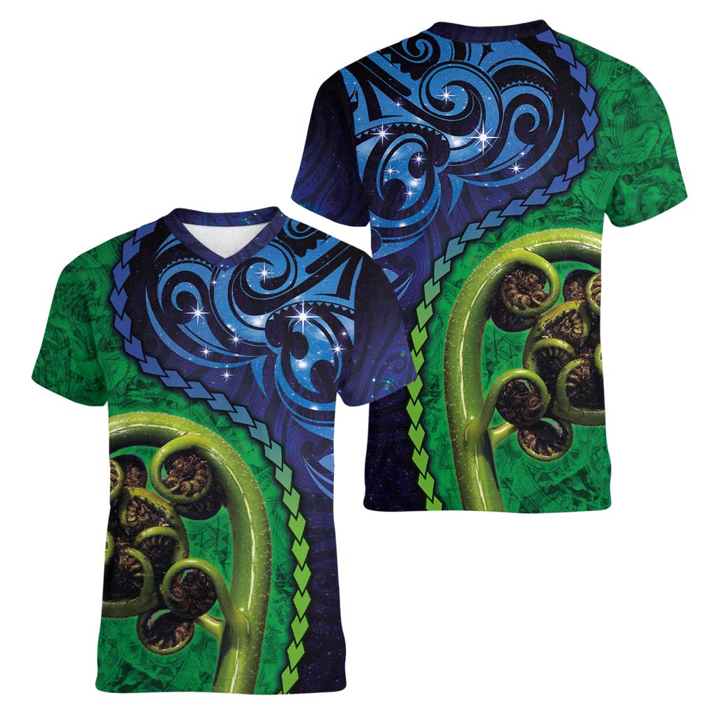 New Zealand Matariki Fern Frond Koru Women V-Neck T-Shirt with Galaxy Blue Sky and Green Paua Shell Art LT03 - Polynesian Pride