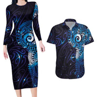 Matariki New Zealand Maori Koru Art Tattoo Couples Matching Long Sleeve Bodycon Dress and Hawaiian Shirt New Year Galaxy Blue Sky Style
