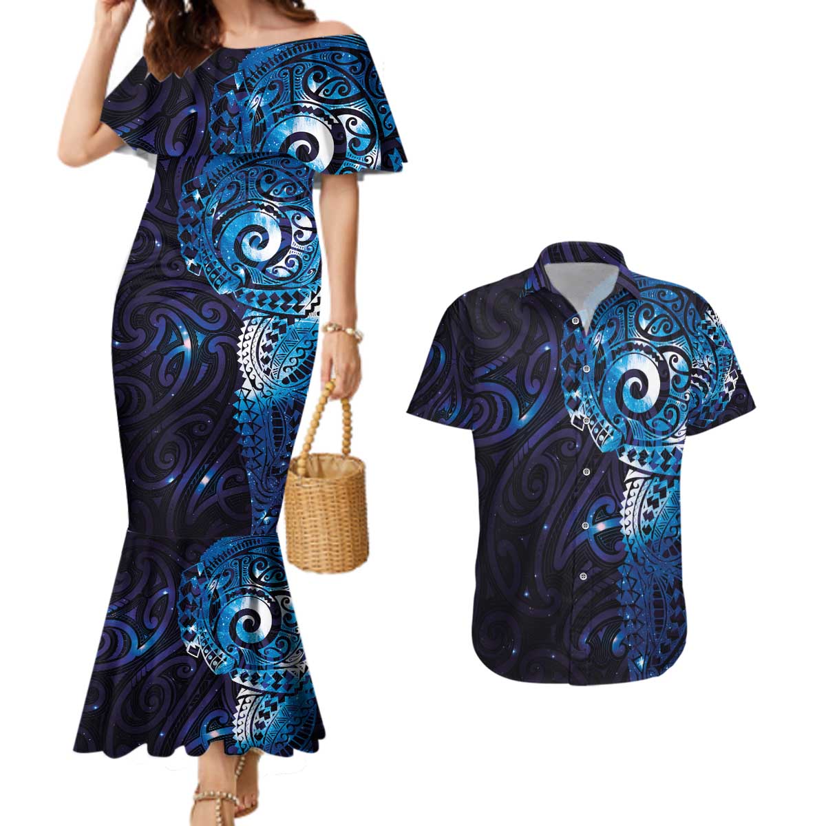 Matariki New Zealand Maori Koru Art Tattoo Couples Matching Mermaid Dress and Hawaiian Shirt New Year Galaxy Blue Sky Style