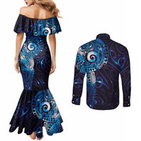 Matariki New Zealand Maori Koru Art Tattoo Couples Matching Mermaid Dress and Long Sleeve Button Shirt New Year Galaxy Blue Sky Style