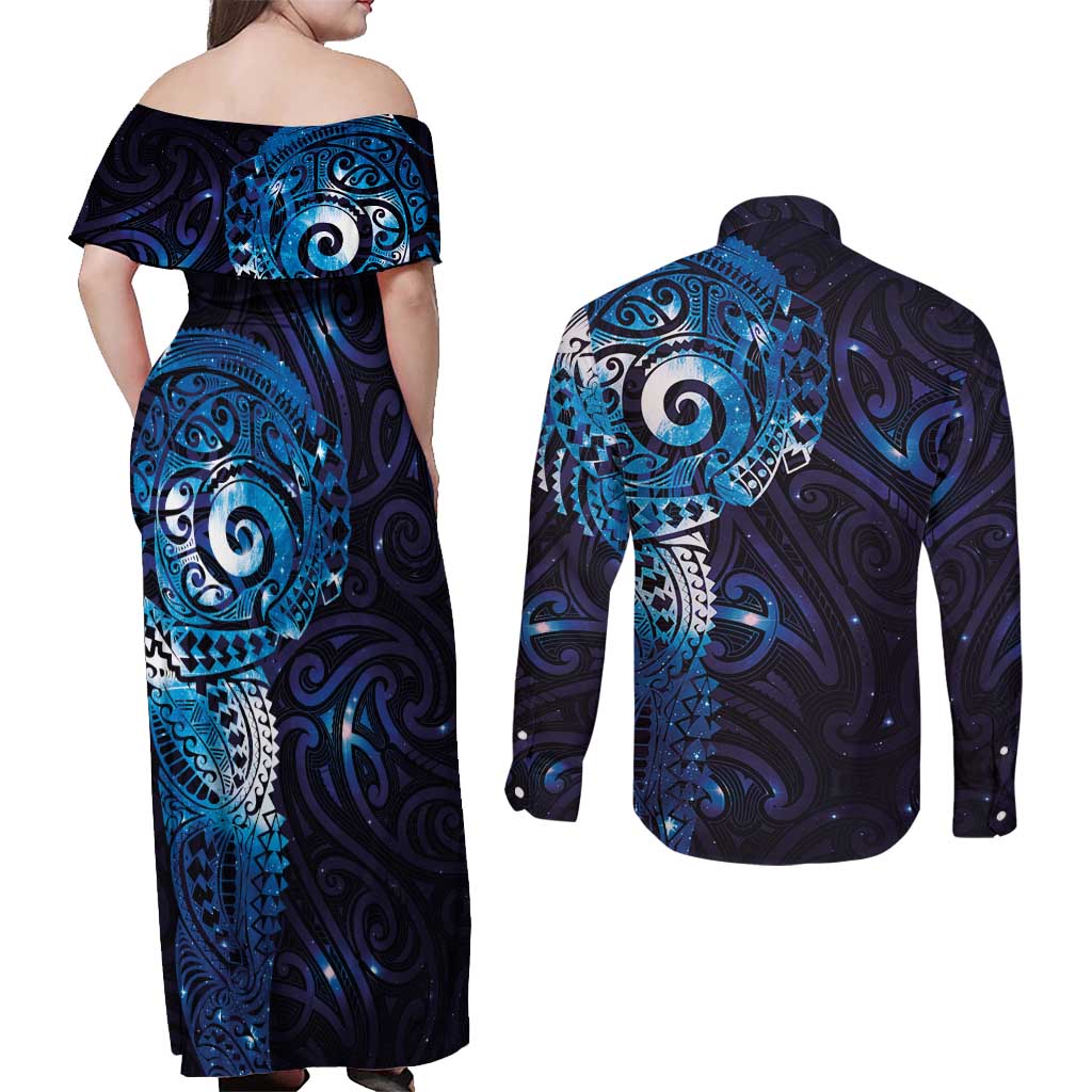 Matariki New Zealand Maori Koru Art Tattoo Couples Matching Off Shoulder Maxi Dress and Long Sleeve Button Shirt New Year Galaxy Blue Sky Style