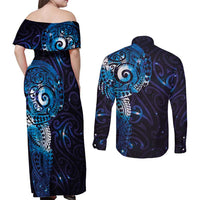 Matariki New Zealand Maori Koru Art Tattoo Couples Matching Off Shoulder Maxi Dress and Long Sleeve Button Shirt New Year Galaxy Blue Sky Style