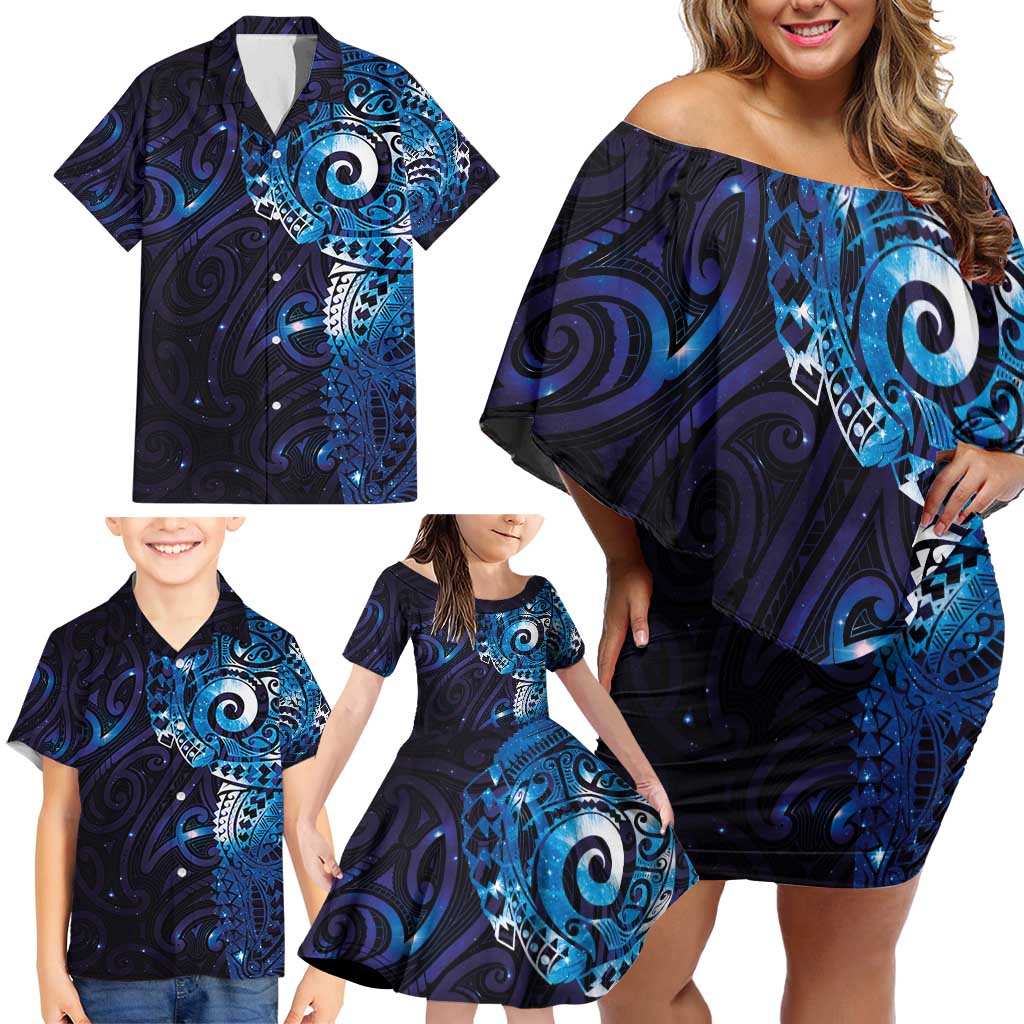Matariki New Zealand Maori Koru Art Tattoo Family Matching Off Shoulder Short Dress and Hawaiian Shirt New Year Galaxy Blue Sky Style