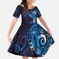 Matariki New Zealand Maori Koru Art Tattoo Family Matching Short Sleeve Bodycon Dress and Hawaiian Shirt New Year Galaxy Blue Sky Style LT03 Daughter's Dress Blue - Polynesian Pride