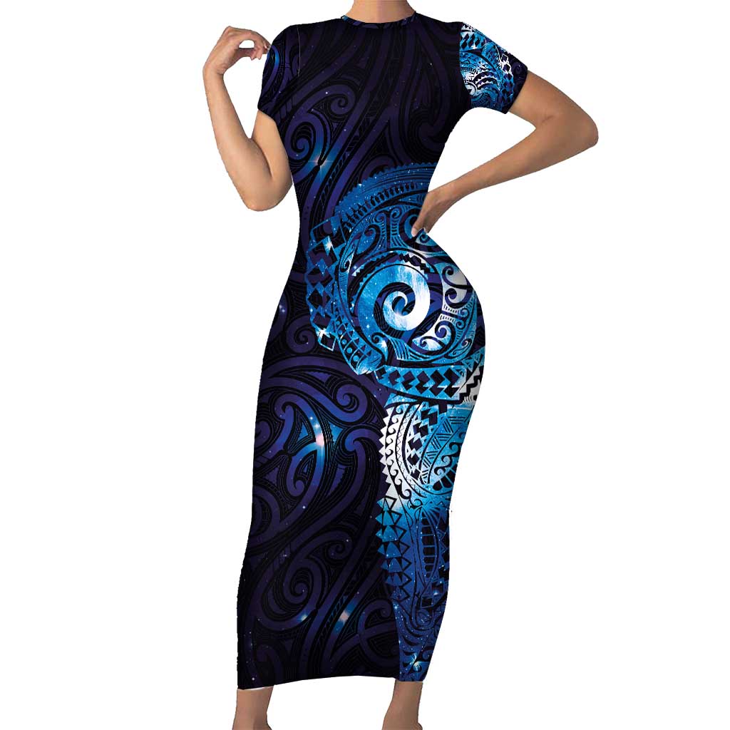Matariki New Zealand Maori Koru Art Tattoo Family Matching Short Sleeve Bodycon Dress and Hawaiian Shirt New Year Galaxy Blue Sky Style LT03 Mom's Dress Blue - Polynesian Pride
