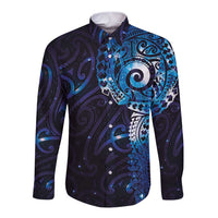 Matariki New Zealand Maori Koru Art Tattoo Long Sleeve Button Shirt New Year Galaxy Blue Sky Style LT03 Unisex Blue - Polynesian Pride