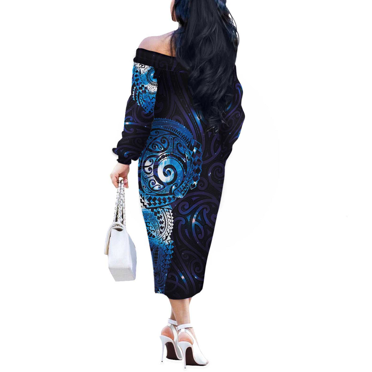 Matariki New Zealand Maori Koru Art Tattoo Off The Shoulder Long Sleeve Dress New Year Galaxy Blue Sky Style