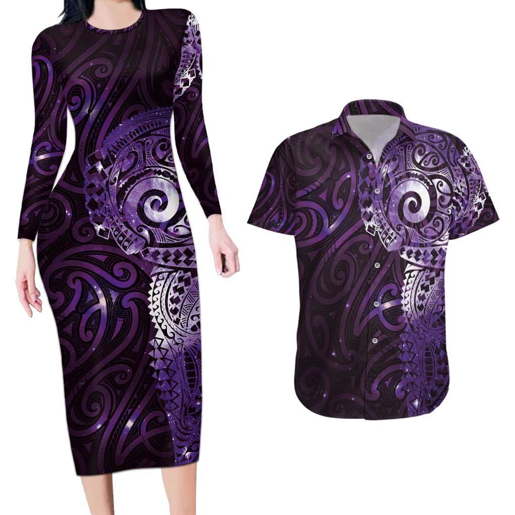 Matariki New Zealand Maori Koru Art Tattoo Couples Matching Long Sleeve Bodycon Dress and Hawaiian Shirt New Year Galaxy Purple Sky Style