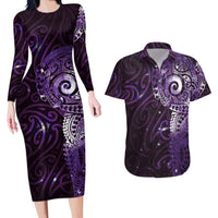 Matariki New Zealand Maori Koru Art Tattoo Couples Matching Long Sleeve Bodycon Dress and Hawaiian Shirt New Year Galaxy Purple Sky Style