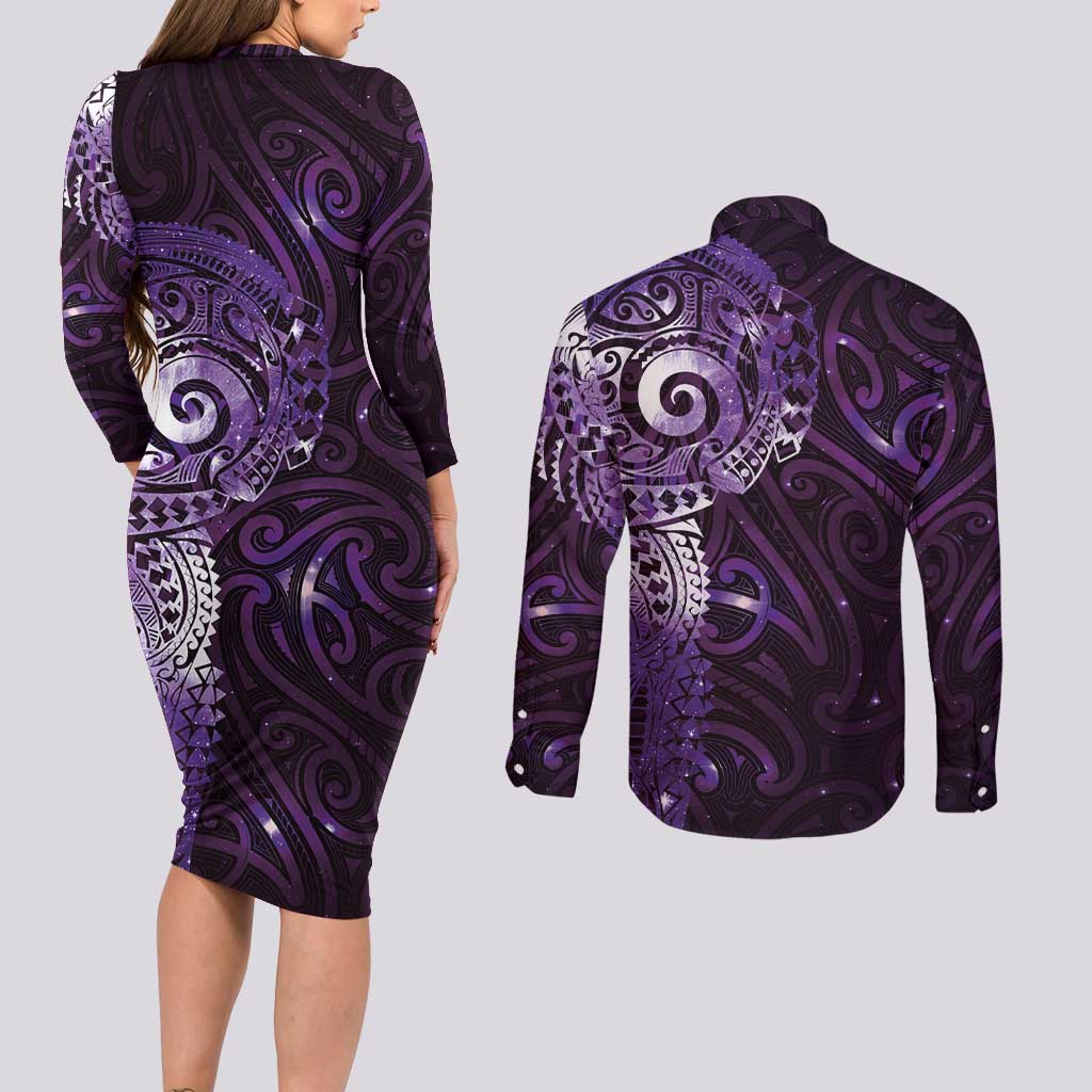 Matariki New Zealand Maori Koru Art Tattoo Couples Matching Long Sleeve Bodycon Dress and Long Sleeve Button Shirt New Year Galaxy Purple Sky Style