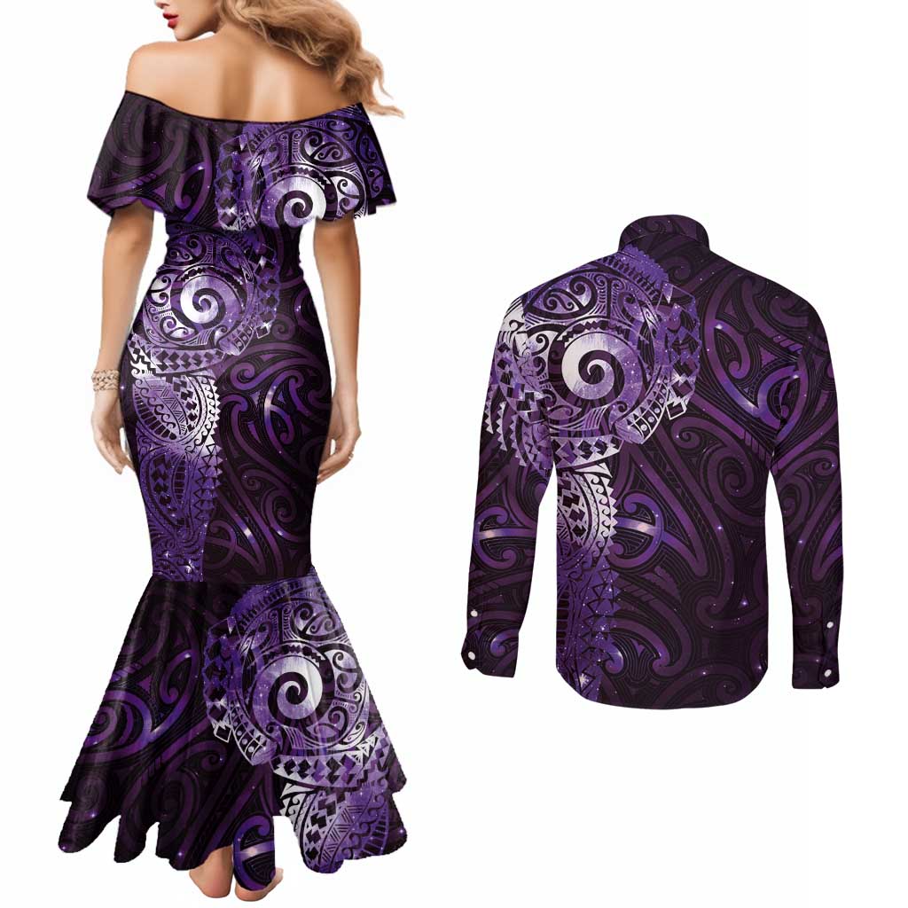 Matariki New Zealand Maori Koru Art Tattoo Couples Matching Mermaid Dress and Long Sleeve Button Shirt New Year Galaxy Purple Sky Style