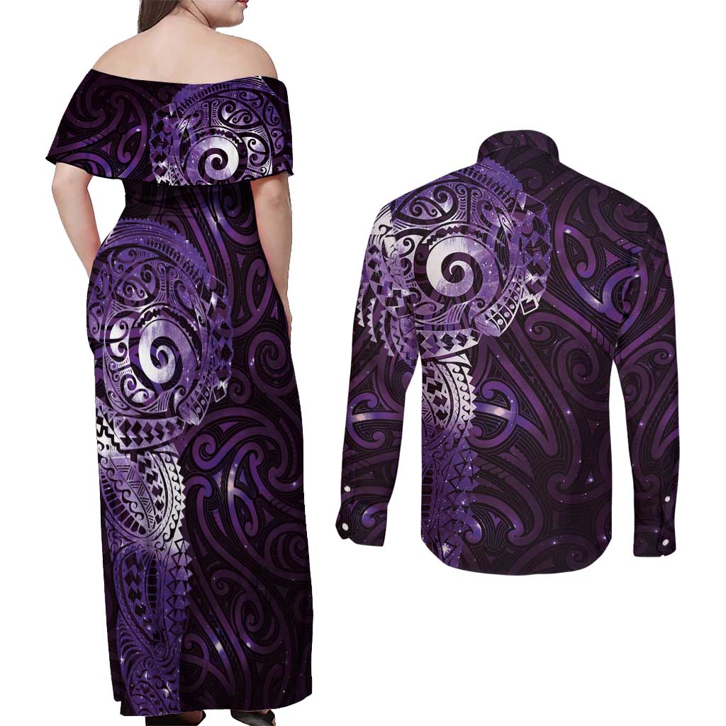 Matariki New Zealand Maori Koru Art Tattoo Couples Matching Off Shoulder Maxi Dress and Long Sleeve Button Shirt New Year Galaxy Purple Sky Style