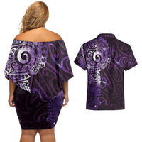 Matariki New Zealand Maori Koru Art Tattoo Couples Matching Off Shoulder Short Dress and Hawaiian Shirt New Year Galaxy Purple Sky Style