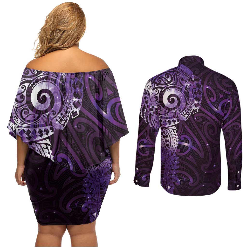 Matariki New Zealand Maori Koru Art Tattoo Couples Matching Off Shoulder Short Dress and Long Sleeve Button Shirt New Year Galaxy Purple Sky Style LT03 - Polynesian Pride