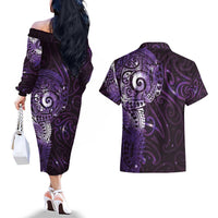 Matariki New Zealand Maori Koru Art Tattoo Couples Matching Off The Shoulder Long Sleeve Dress and Hawaiian Shirt New Year Galaxy Purple Sky Style