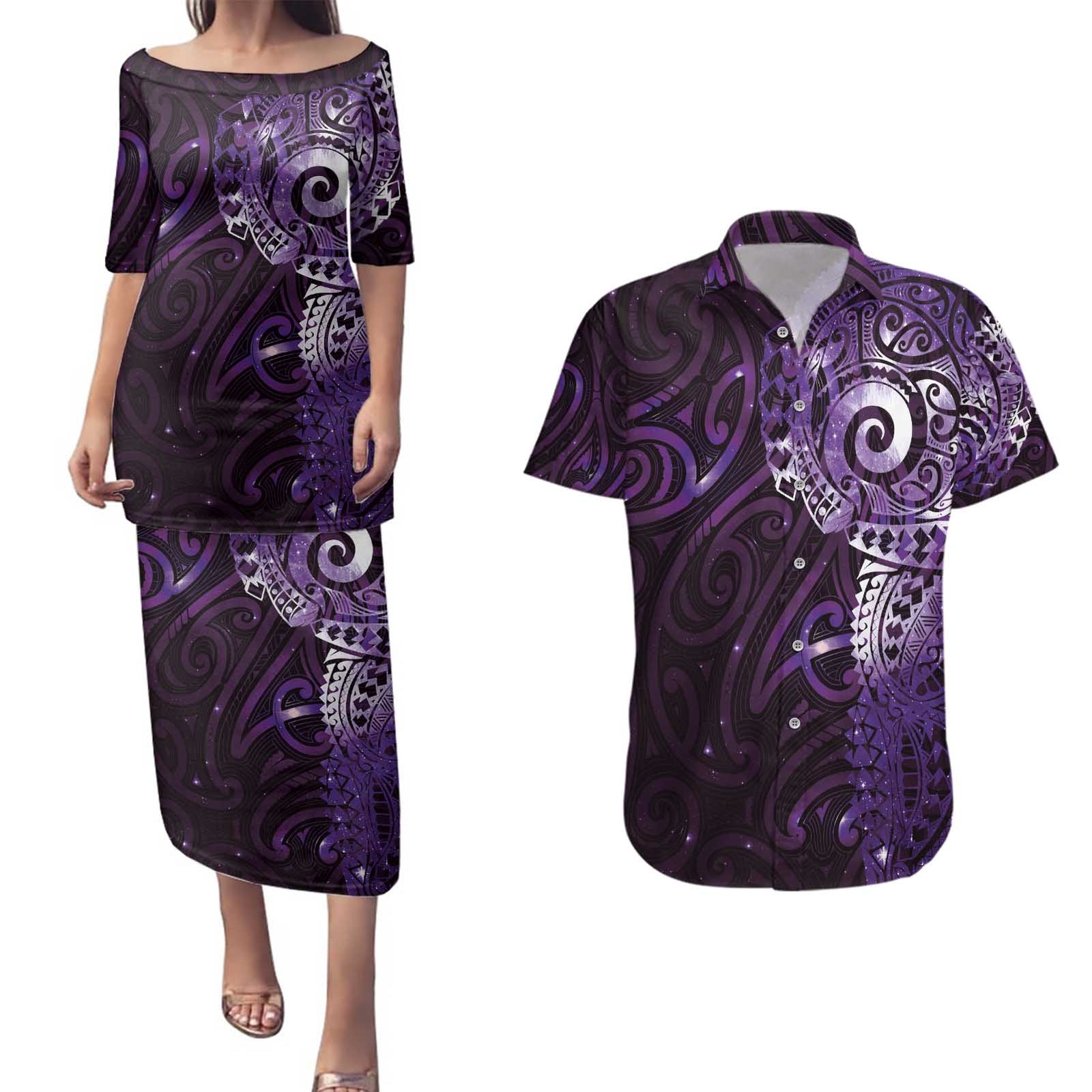 Matariki New Zealand Maori Koru Art Tattoo Couples Matching Puletasi and Hawaiian Shirt New Year Galaxy Purple Sky Style