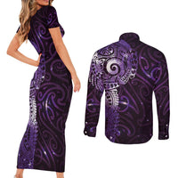 Matariki New Zealand Maori Koru Art Tattoo Couples Matching Short Sleeve Bodycon Dress and Long Sleeve Button Shirt New Year Galaxy Purple Sky Style