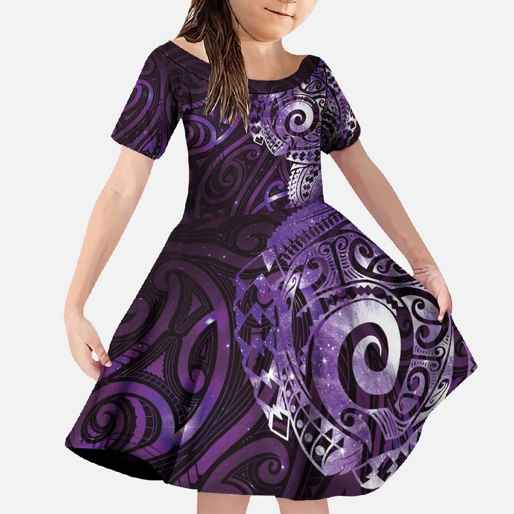Matariki New Zealand Maori Koru Art Tattoo Family Matching Long Sleeve Bodycon Dress and Hawaiian Shirt New Year Galaxy Purple Sky Style LT03 Daughter's Dress Purple - Polynesian Pride