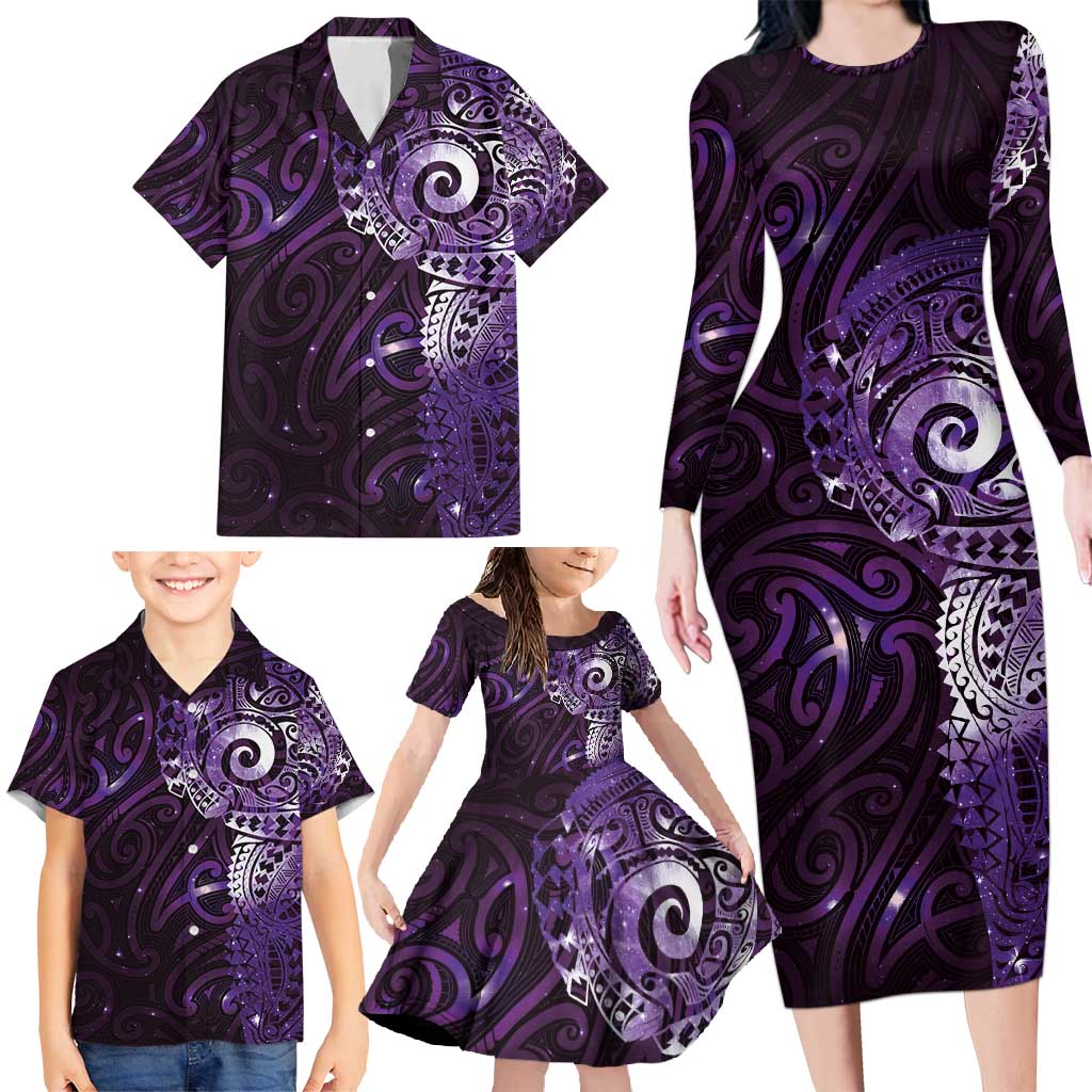 Matariki New Zealand Maori Koru Art Tattoo Family Matching Long Sleeve Bodycon Dress and Hawaiian Shirt New Year Galaxy Purple Sky Style LT03 - Polynesian Pride