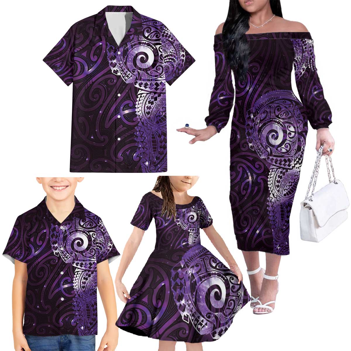 Matariki New Zealand Maori Koru Art Tattoo Family Matching Off The Shoulder Long Sleeve Dress and Hawaiian Shirt New Year Galaxy Purple Sky Style