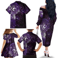 Matariki New Zealand Maori Koru Art Tattoo Family Matching Off The Shoulder Long Sleeve Dress and Hawaiian Shirt New Year Galaxy Purple Sky Style