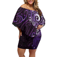 Matariki New Zealand Maori Koru Art Tattoo Family Matching Off Shoulder Short Dress and Hawaiian Shirt New Year Galaxy Purple Sky Style