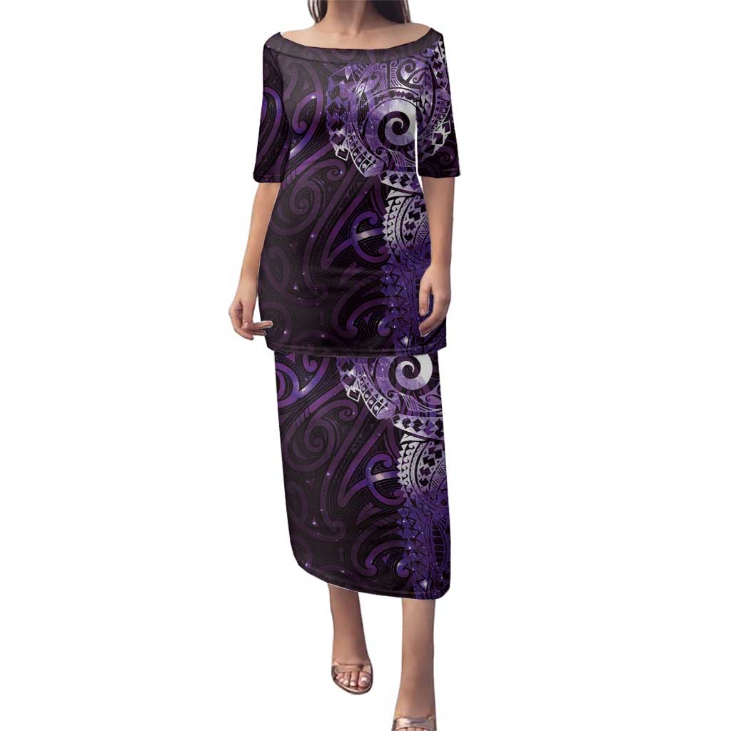 Matariki New Zealand Maori Koru Art Tattoo Family Matching Puletasi and Hawaiian Shirt New Year Galaxy Purple Sky Style LT03 Mom's Dress Purple - Polynesian Pride