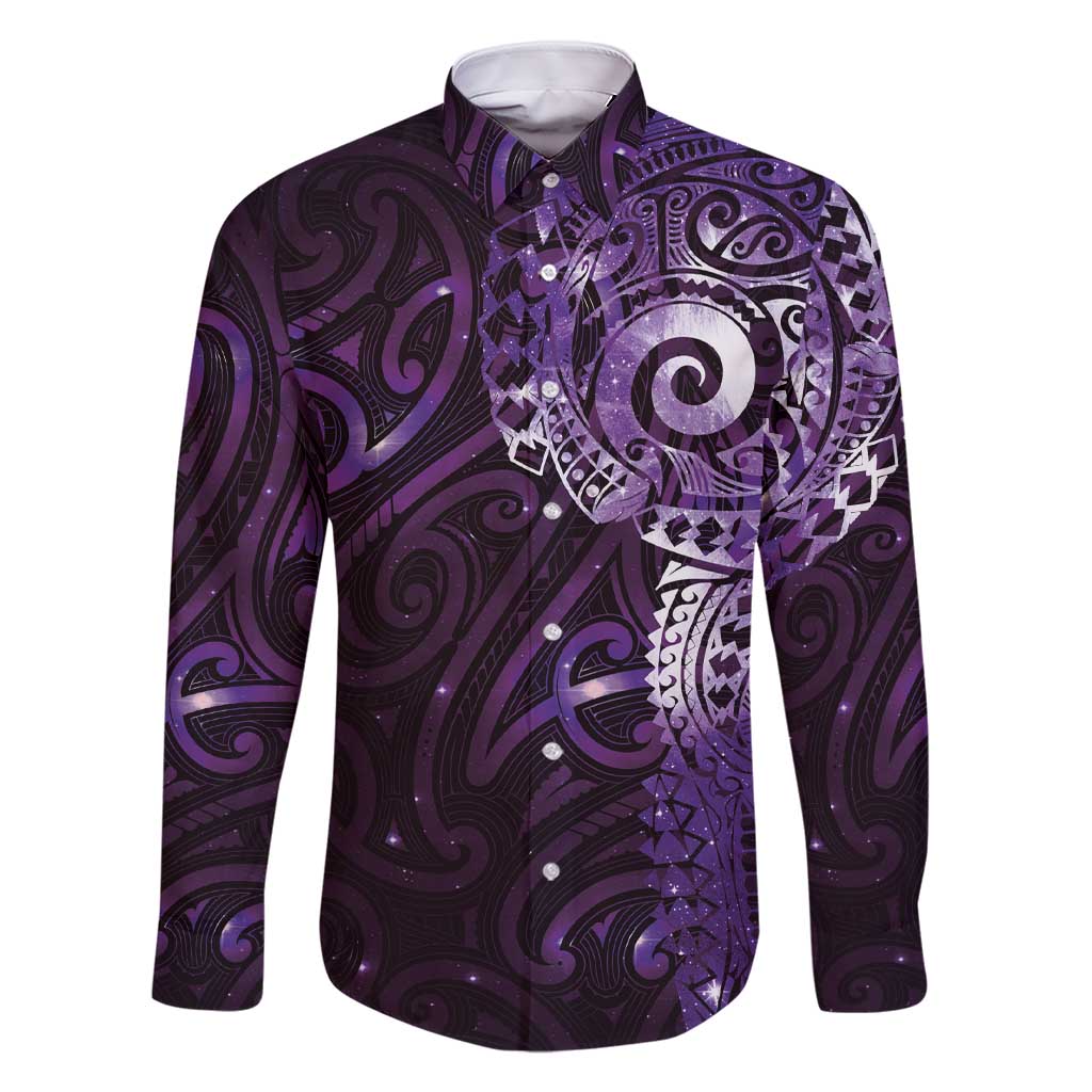Matariki New Zealand Maori Koru Art Tattoo Family Matching Short Sleeve Bodycon Dress and Hawaiian Shirt New Year Galaxy Purple Sky Style LT03 Dad's Shirt - Long Sleeve Purple - Polynesian Pride