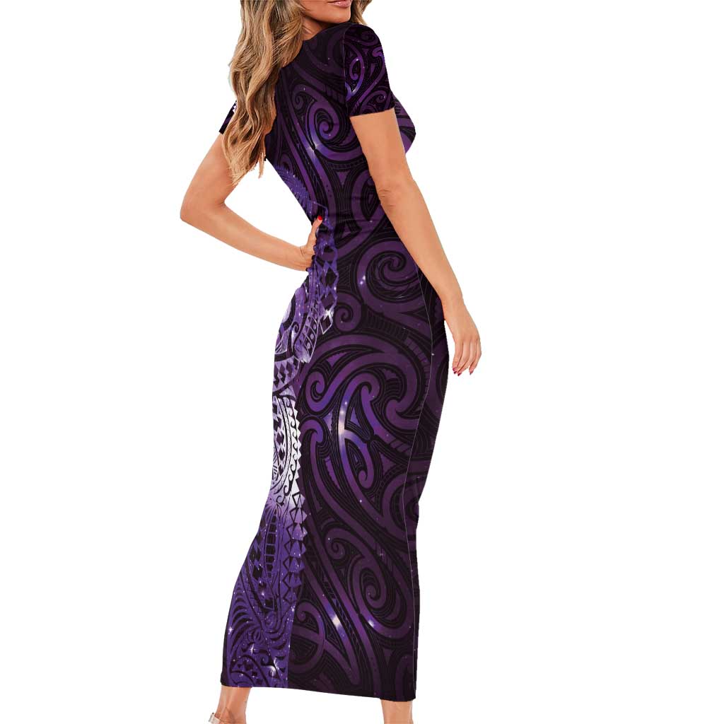 Matariki New Zealand Maori Koru Art Tattoo Family Matching Short Sleeve Bodycon Dress and Hawaiian Shirt New Year Galaxy Purple Sky Style LT03 - Polynesian Pride