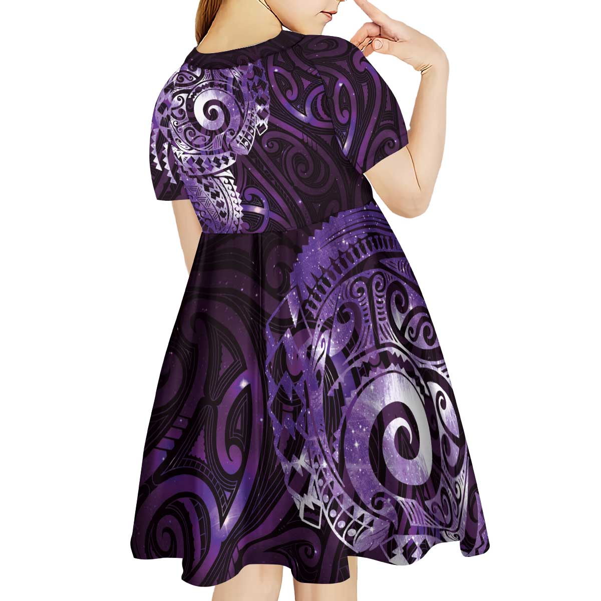 Matariki New Zealand Maori Koru Art Tattoo Kid Short Sleeve Dress New Year Galaxy Purple Sky Style