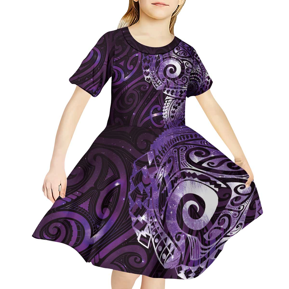 Matariki New Zealand Maori Koru Art Tattoo Kid Short Sleeve Dress New Year Galaxy Purple Sky Style