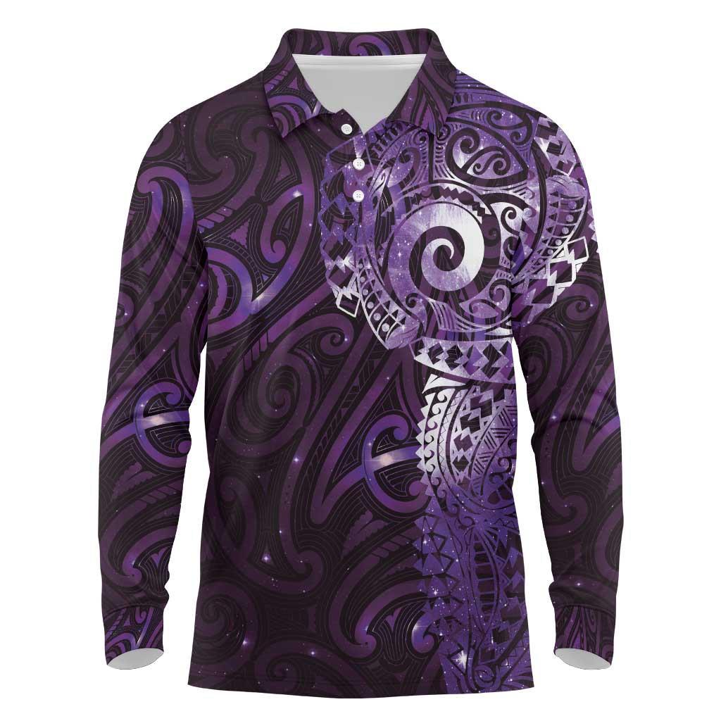 Matariki New Zealand Maori Koru Art Tattoo Long Sleeve Polo Shirt New Year Galaxy Purple Sky Style