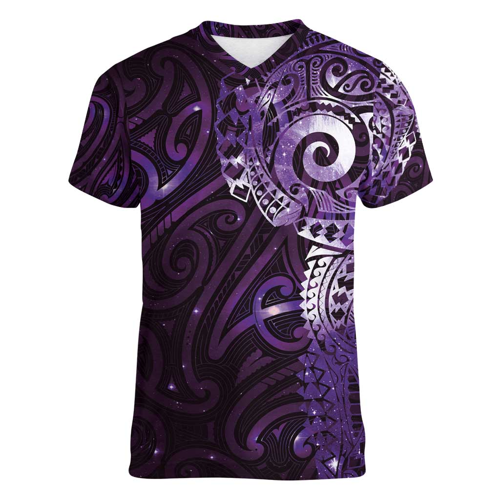 Matariki New Zealand Maori Koru Art Tattoo Women V-Neck T-Shirt New Year Galaxy Purple Sky Style LT03 Female Purple - Polynesian Pride