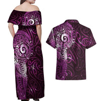 Matariki New Zealand Maori Koru Art Tattoo Couples Matching Off Shoulder Maxi Dress and Hawaiian Shirt New Year Galaxy Pink Sky Style