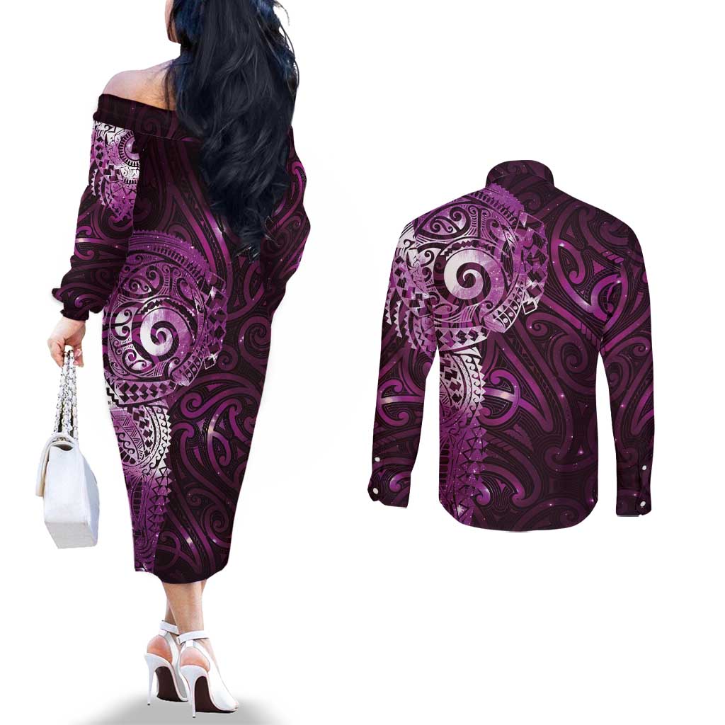 Matariki New Zealand Maori Koru Art Tattoo Couples Matching Off The Shoulder Long Sleeve Dress and Long Sleeve Button Shirt New Year Galaxy Pink Sky Style