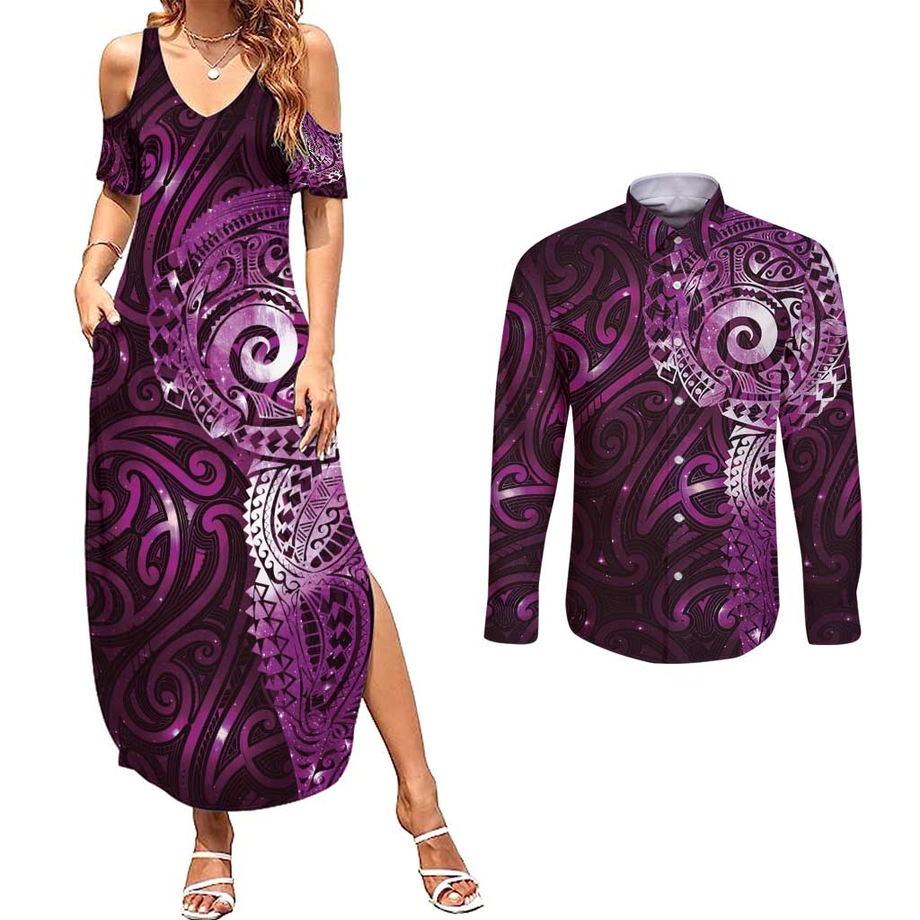 Matariki New Zealand Maori Koru Art Tattoo Couples Matching Summer Maxi Dress and Long Sleeve Button Shirt New Year Galaxy Pink Sky Style