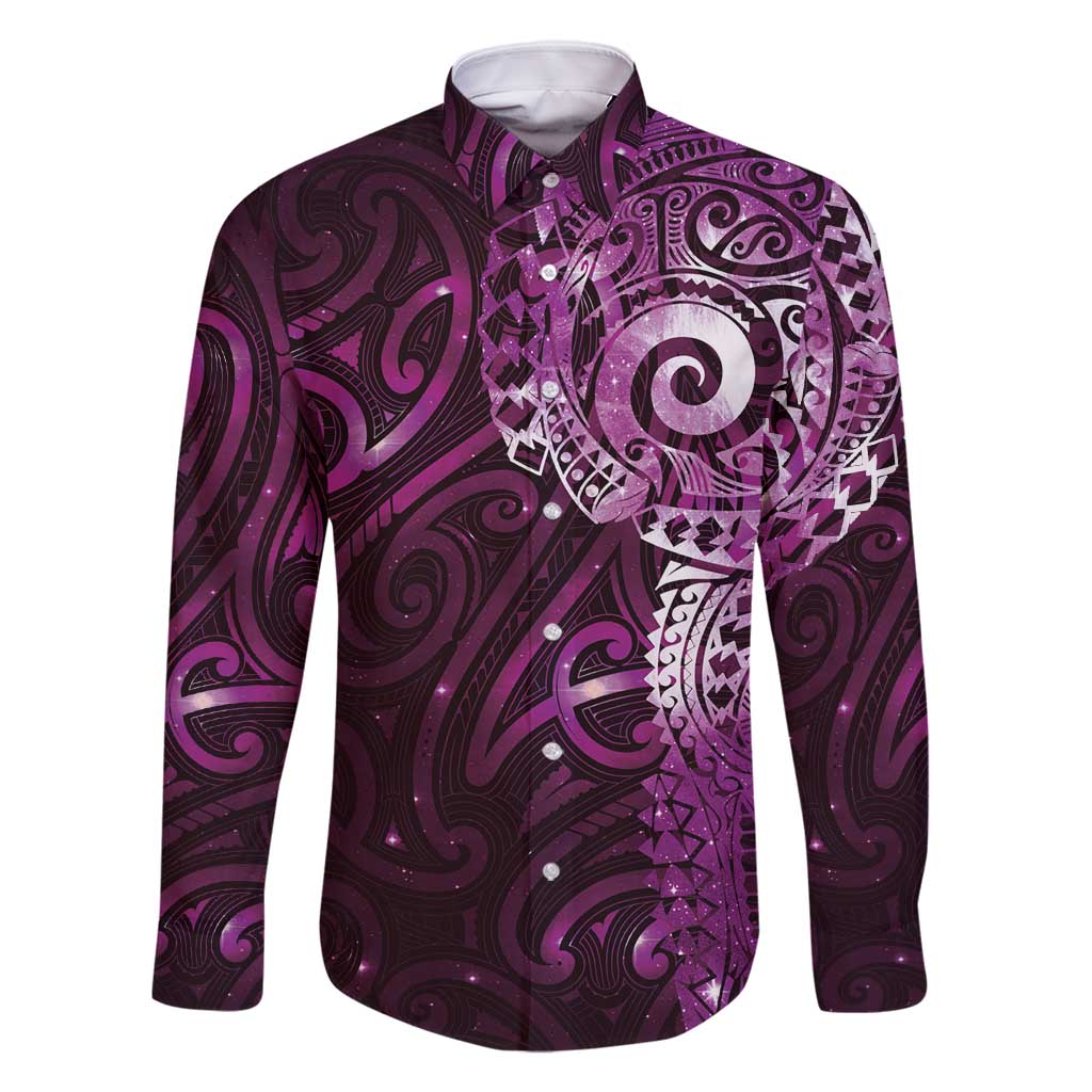 Matariki New Zealand Maori Koru Art Tattoo Family Matching Mermaid Dress and Hawaiian Shirt New Year Galaxy Pink Sky Style LT03 Dad's Shirt - Long Sleeve Pink - Polynesian Pride